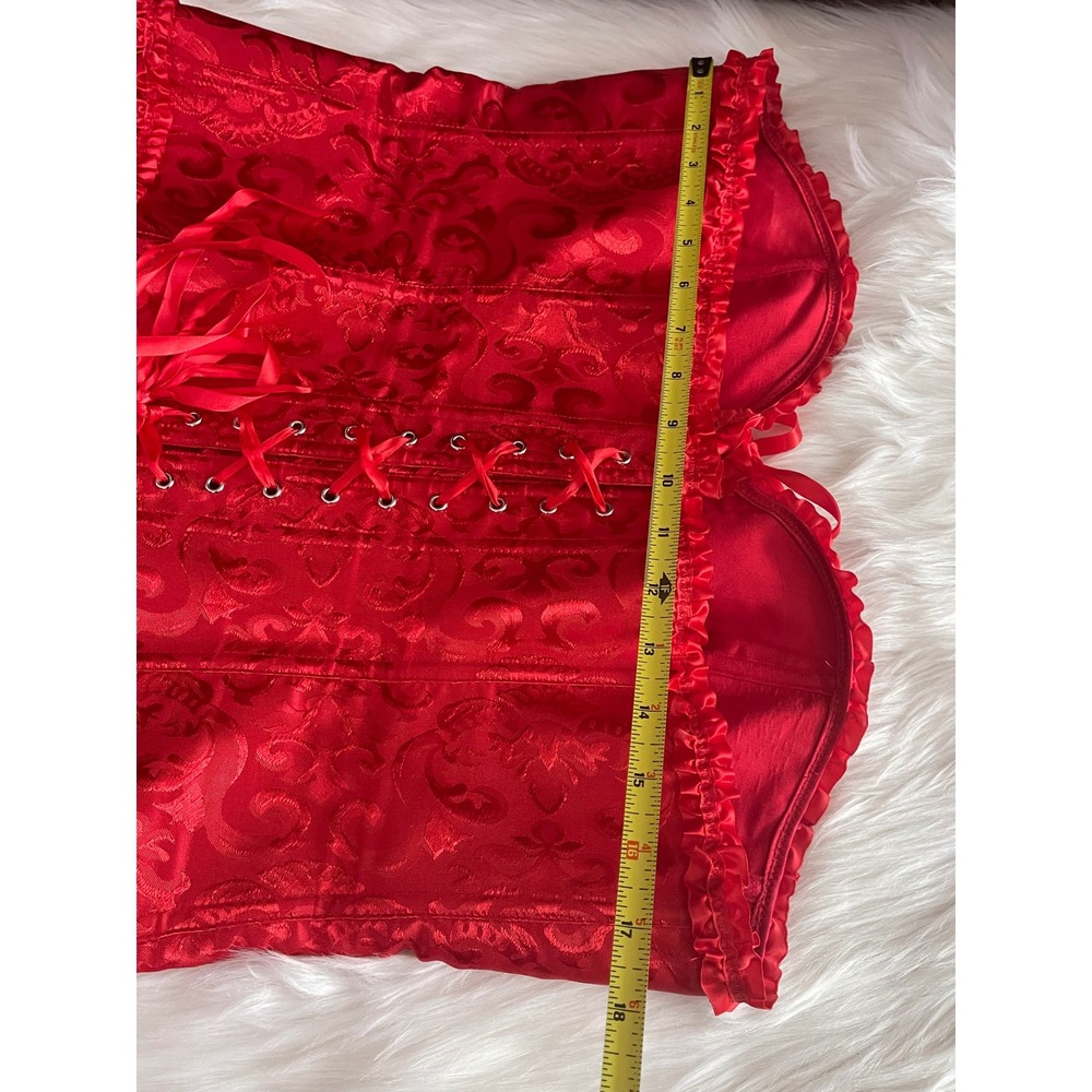 Women Red Victoria Style Satin Bustier Corset Floral Brocade Ruffled Trim 4XL - Picture 8 of 12